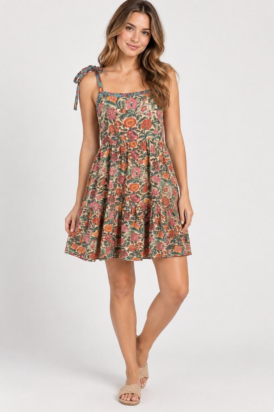 Natural Life Beige Green Floral Sleeveless Mini Dress New Small
